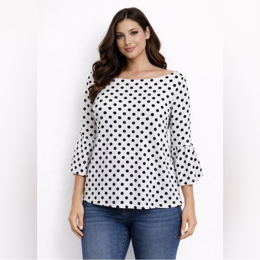 Anthropologie Green Envelope Black and White Polka Dot Bell Sleeve Top